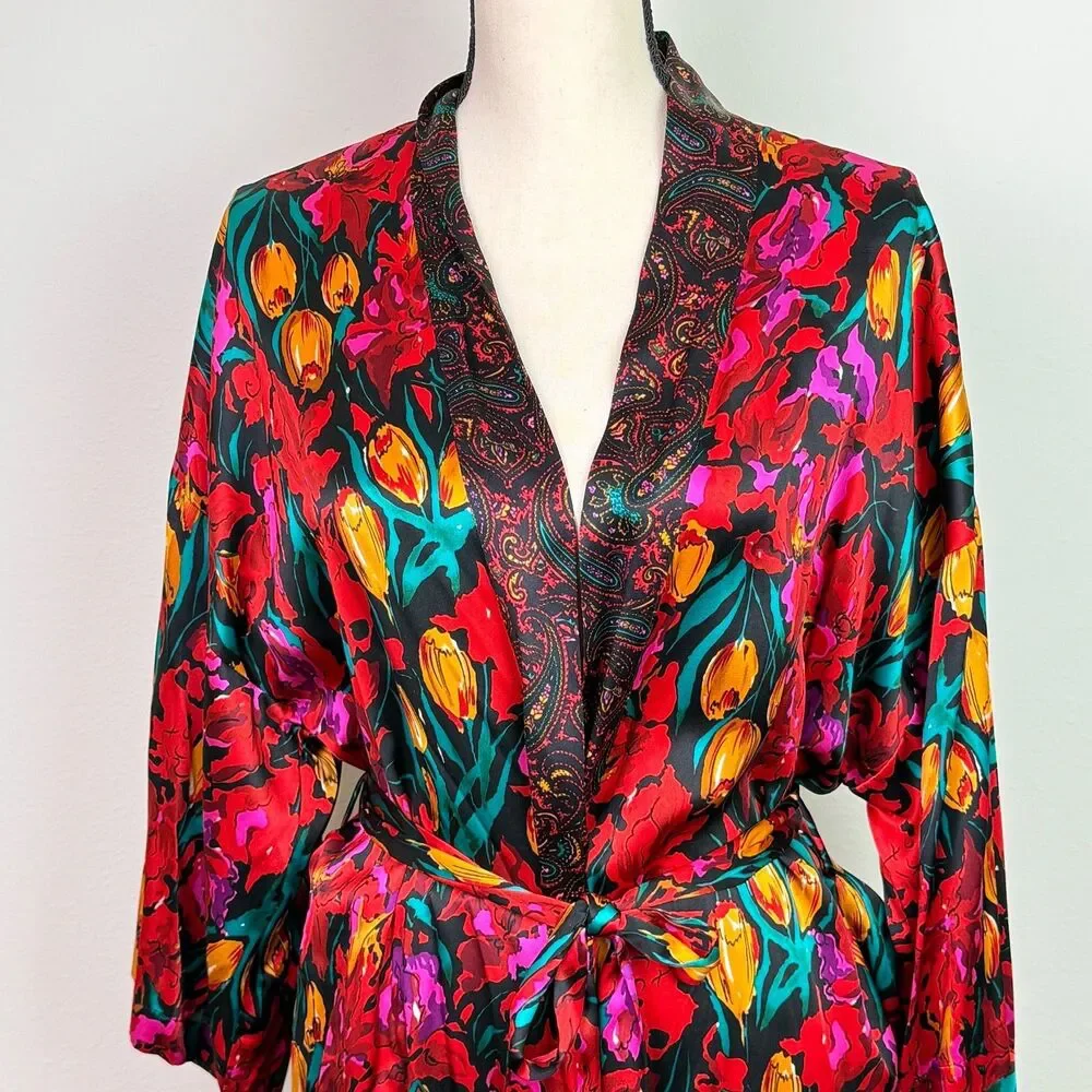 Victoria's Secret Women's Vintage Gold Label Silk Robe Colorful Floral Small - Picture 2 of 8